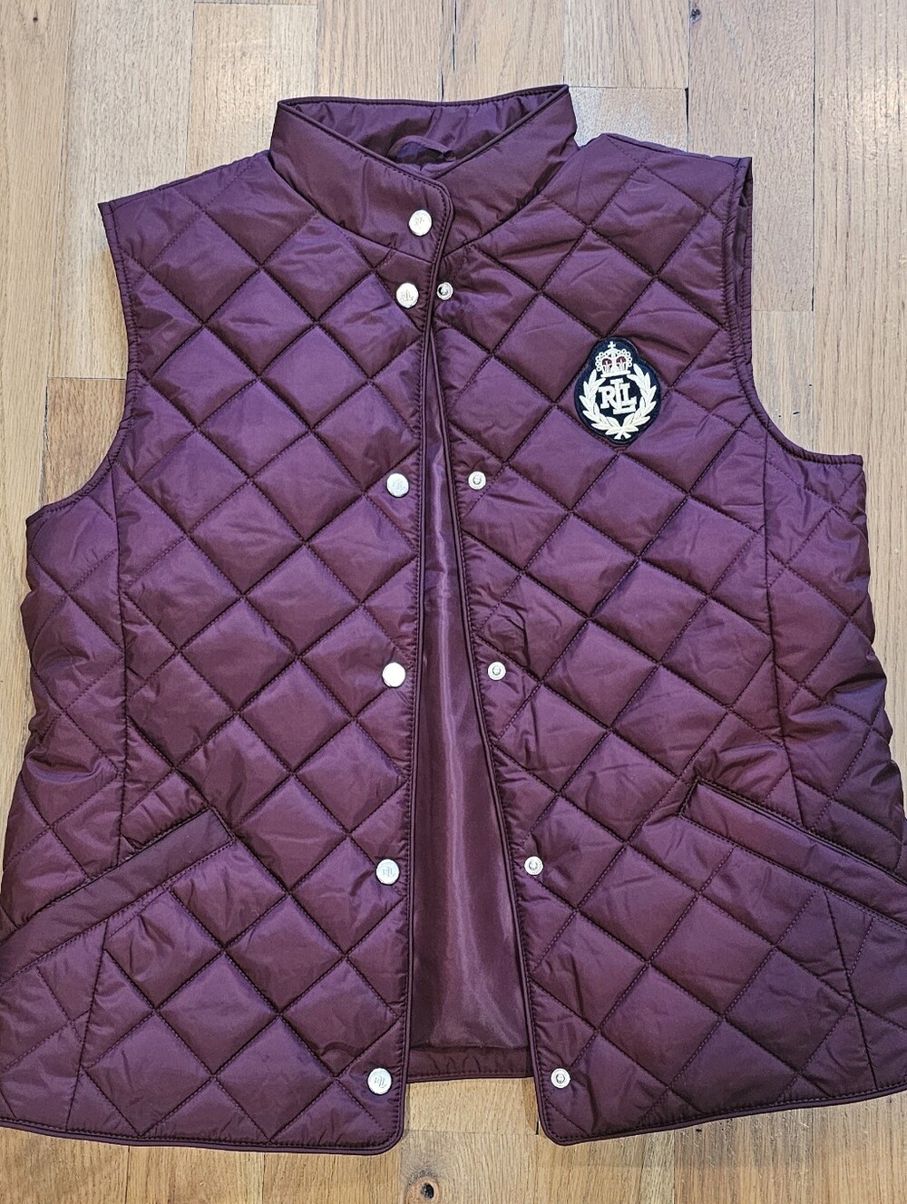 Lauren Ralph Lauren Quilted Vest Burgundy Diamond Quilted Snap Front Crest
